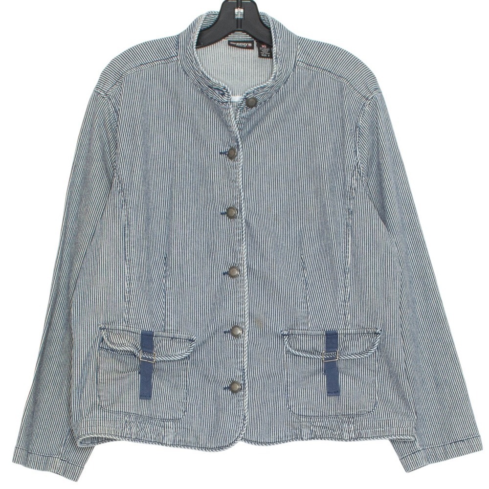 Chicos Denim Jacket Military Button Up Band Striped Coastal Blue White 3 XL 16